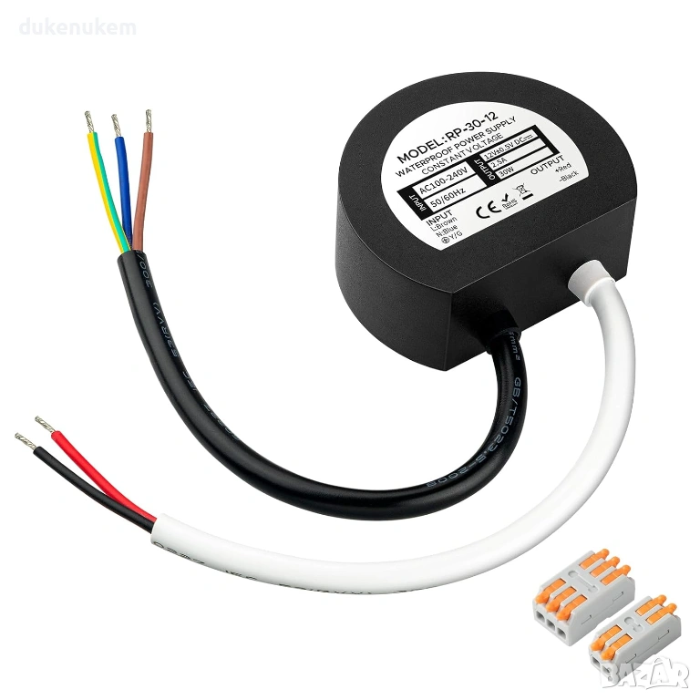 LED драйвер 30W 12V 2.5A IP67 – кръгъл, водоустойчив, снимка 1