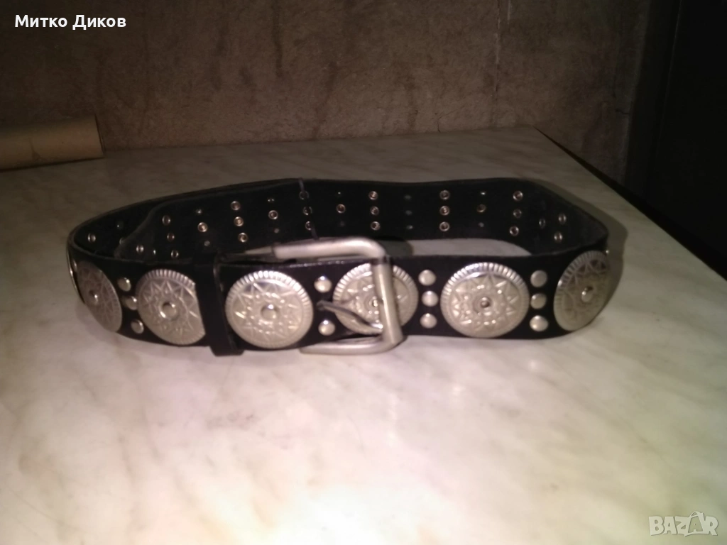 Колан естествена кожа женски 96см на 38мм с метални пластини като нов, снимка 1