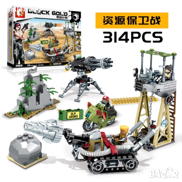 🔫 Конструктор Black Gold – Военен комплект с кула, оръдие и превозни средства (314 части) 💥, снимка 1