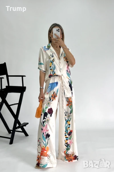 Елегантен сатенен комплект, вискозапанталон с риза, цветя, снимка 1