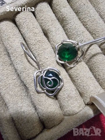 Авторски, сребърни обеци с голям зелен камък , снимка 3 - Обеци - 49041061