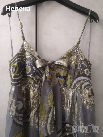 Бутикова Рокля от Естествена коприна, нова, сиво и златно, размер L, снимка 7 - Рокли - 42472238