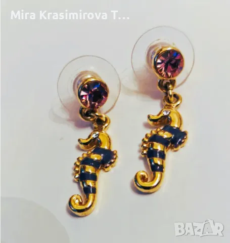 Позлатени обеци с морски кончета и розов камък, снимка 2 - Обеци - 50233128