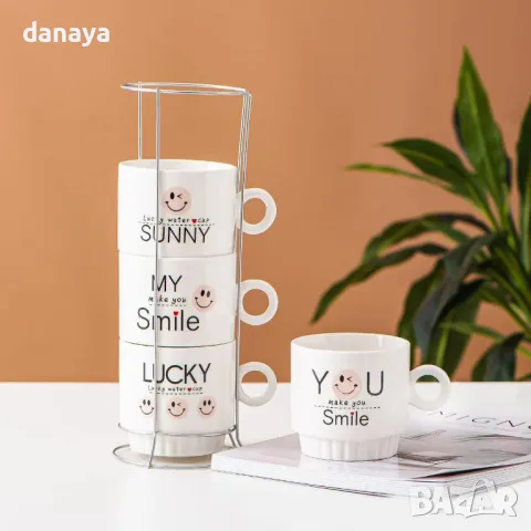 5537 Комплект керамични чаши за кафе на метална стойка SMILE