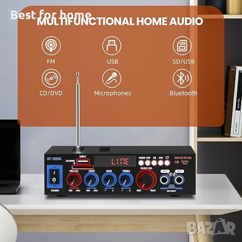 Мини Bluetooth 5.0 усилвател, HiFi стерео с миксер с USB/SD карта/вход за микрофон/FM , снимка 4 - Ресийвъри, усилватели, смесителни пултове - 51472925