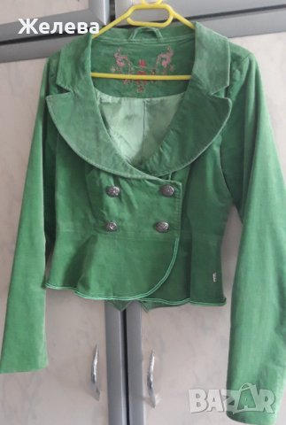 Дамско, зелено сако, плюш, размер S, снимка 1 - Сака - 40618787