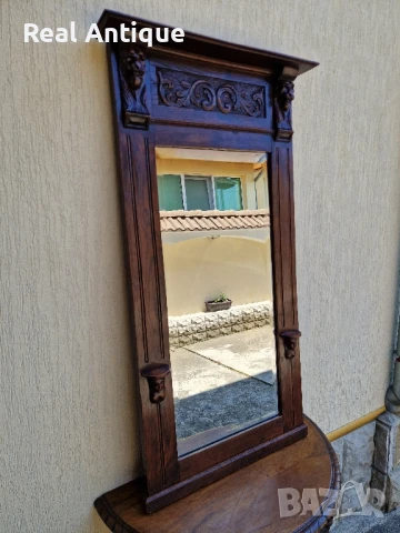 Голямо антикварно английско огледало масив с дърворезба , снимка 2 - Антикварни и старинни предмети - 51083702