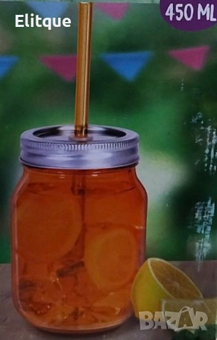 Прозрачна стъклена чаша с капак и сламка, 450мл, снимка 5 - Чаши - 52716319