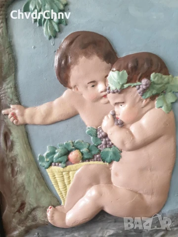 91х64см-8кг/стара голяма маслена картина-пано от гипс/голи деца/Рококо/дървена рамка, снимка 4 - Картини - 51357831