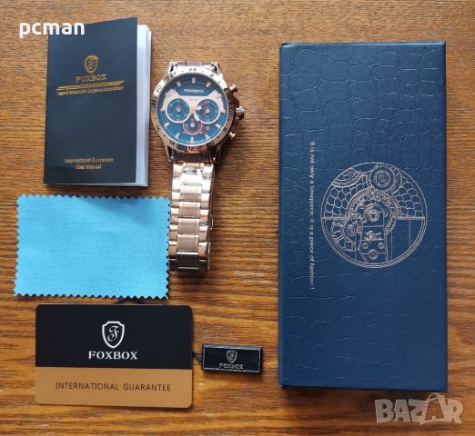 Foxbox Gold Blue 0017 Луксозен мъжки кварцов часовник с метална верижка, снимка 7 - Мъжки - 40433960