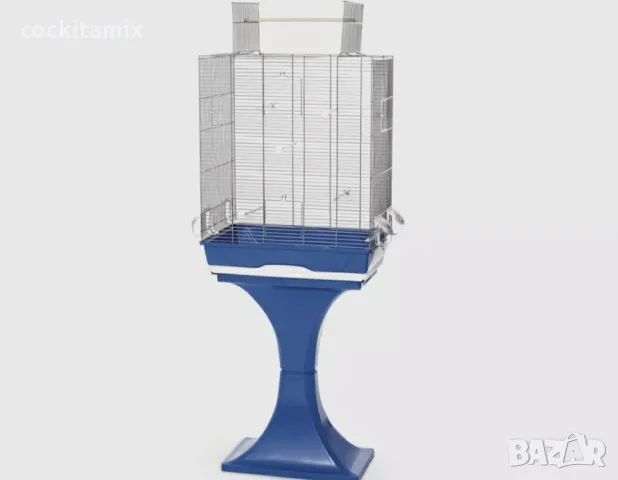Отворена клетка за птици Амбра със стойка хром и синьо - 56.5 / 36.5 / 138см 