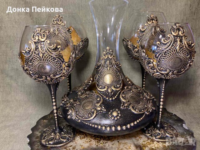 Сет за вино от 5 части - декантер с 4 чаши - ръчна изработка, снимка 5 - Декорация за дома - 39893457