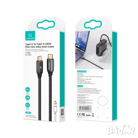 Кабел USAMS US-SJ581 U82 Type-C 240W PD3.1.2 метра / черен, снимка 6 - USB кабели - 44511691