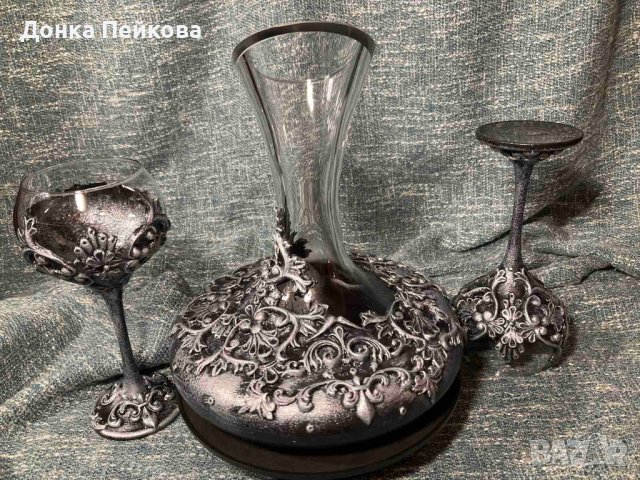 Ръчно изработен сервиз от 3 части - декантер с две чаши в сребро, снимка 5 - Декорация за дома - 41700345