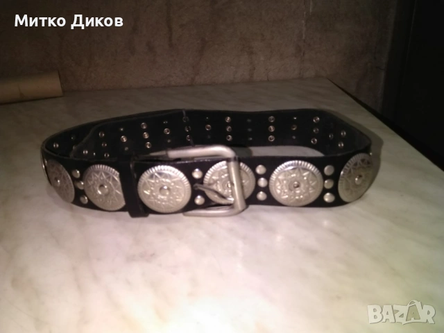 Колан естествена кожа женски 96см на 38мм с метални пластини като нов