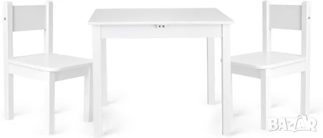 Детска маса и 2 стола от дърво - Бяло - столче за хранене за деца