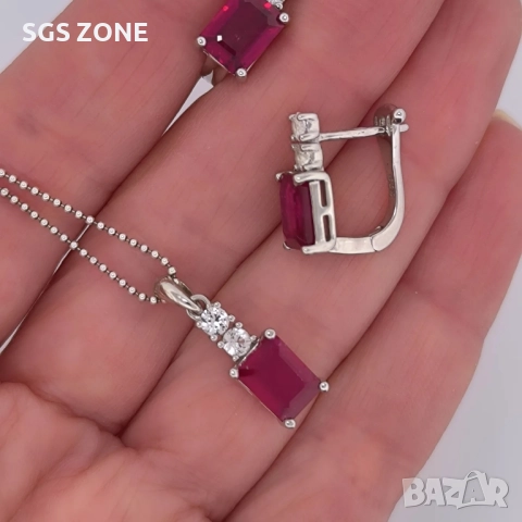 Сребърни Обеци със РУБИНИ , снимка 3 - Обеци - 51510466