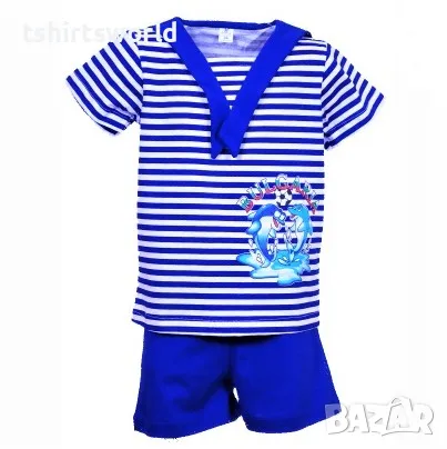 Ново детско моряшко комплектче с трансферен печат Делфинчета и моряшка яка