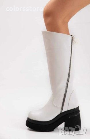 Ботуши на ток - бяла кожа с черно ходило - NA6, снимка 2 - Дамски ботуши - 30870661