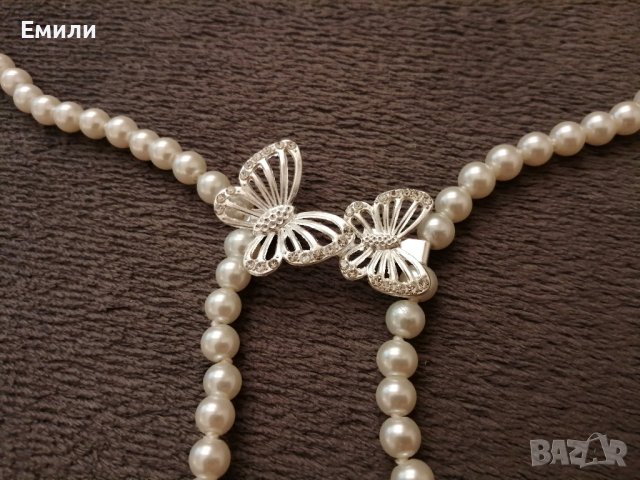 Елегантен колан бижу с бели/бежови перли и закопчалка пеперуди в сребрист цвят, снимка 8 - Колани - 41559674