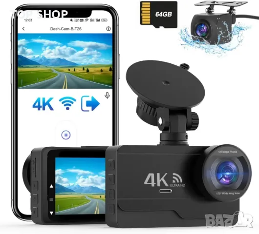 DYNACAM 4K/2K+1080P Dash Cam отпред и отзад, 64GB карта, 170°широк ъгъл, G-сензор,