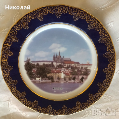 Порцеланови чинии син кобалт, декорирани с 22К злато, Хихон / Gijon и Прага, с поставки, нови, лот, снимка 5 - Колекции - 36404475
