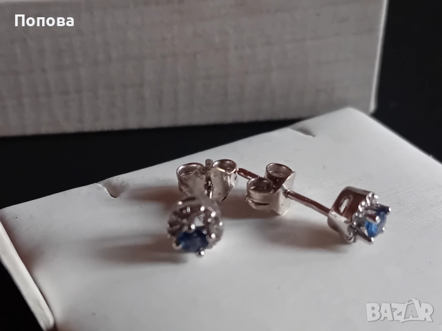 Златни обеци с естествени сапфири и диаманти /бяло злато/, снимка 4 - Обеци - 52791722