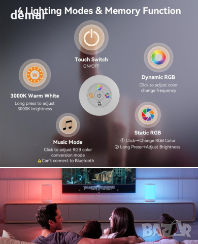 Нощна лампа Hensam, LED сензорна с 4 режима, топло бяло и RGB, акумулаторна, снимка 2 - Лед осветление - 44657757