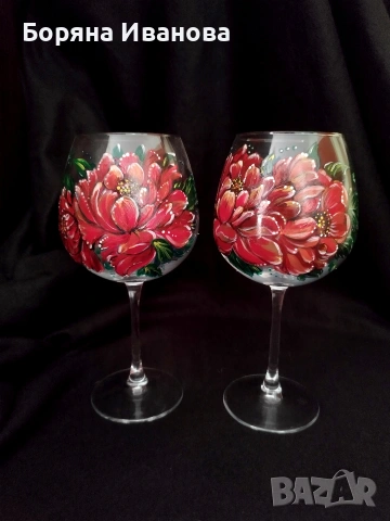 Ръчно рисувани чаши за вино – комплект 2 бр. | подарък | арт чаши, снимка 2 - Декорация за дома - 53821151