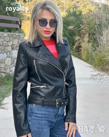 Черно Дамско Кожено Яке С Колан , снимка 2 - Якета - 52281375