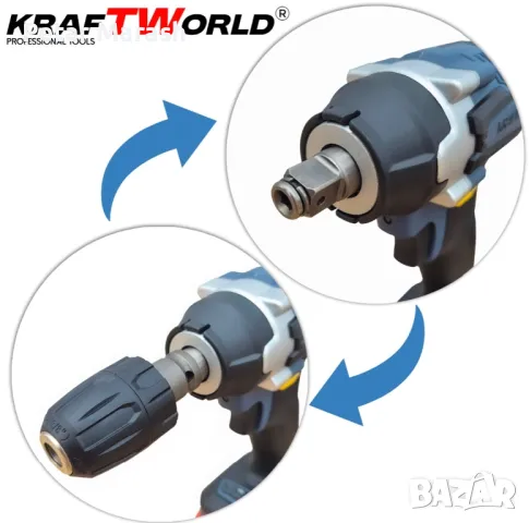 Комплект 4в1 KraftWorld Безчеткови Машини Гайковерт-винтоверт, Ъглошлайф и Перфоратор, снимка 7 - Куфари с инструменти - 50359141