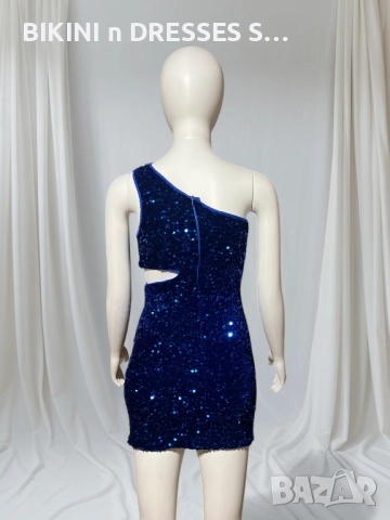 Синя рокля с пайети асиметрична едно рамо ХИТ, снимка 6 - Рокли - 39108658