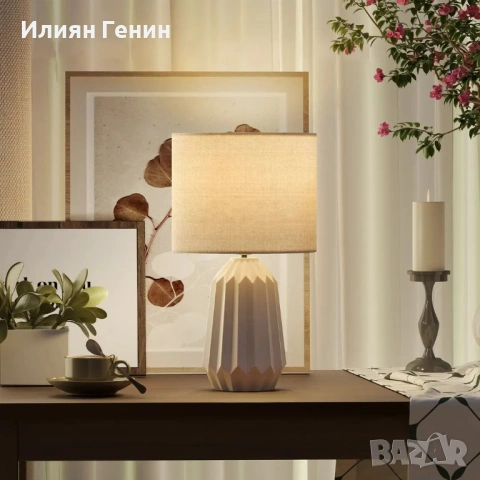 Настолна лампа HOMCOM, нощна лампа с ленен абажур, снимка 4 - Настолни лампи - 53627031