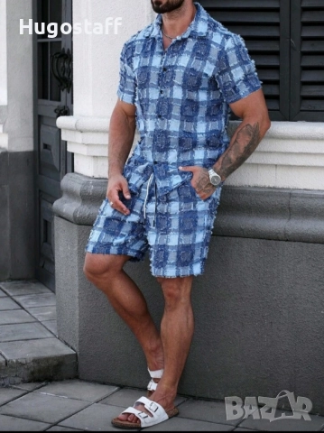 Нов мъжки летен екип комплект син ХЛ, снимка 4 - Спортни дрехи, екипи - 51772543