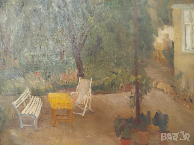 ПЕТКО АБАДЖИЕВ СТАРА БЪЛГАРСКА МАСЛЕНА КАРТИНА - КАРЛОВСКИ ДВОР 1943 , снимка 2 - Антикварни и старинни предмети - 48941545