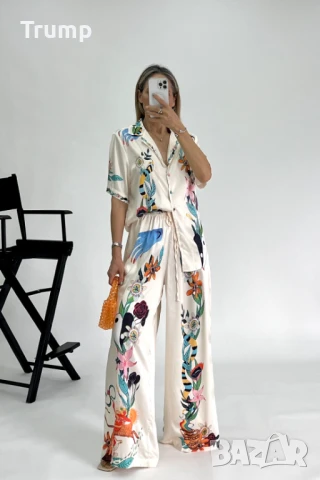 Елегантен сатенен комплект, вискозапанталон с риза, цветя, снимка 1