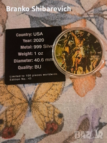 Колекционерска сребърна монета Apache Liberty-2020г., 100 бр. за цял свят., снимка 2 - Нумизматика и бонистика - 53722426