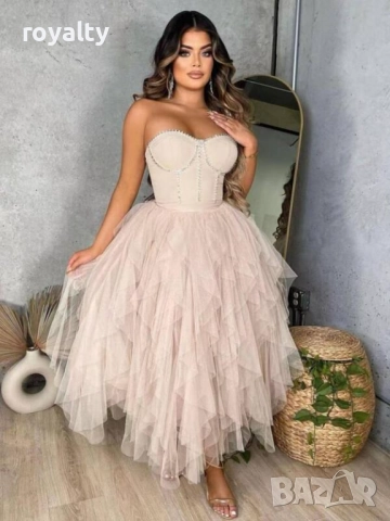 Официална Бежова Рокля с Перли и Тюл