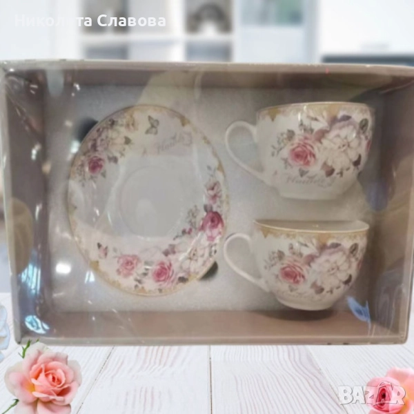 🎁 Подаръчен комплект от 2 порцеланови чаши за кафе с 2 чинийки – 250ML, снимка 1