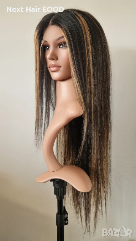 Черна естествена права перука 80 см с руси кичури - Lace Front 13x6, снимка 1