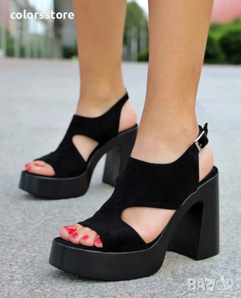Сандали на ток - черен велур - D366, снимка 1