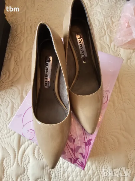 Обувки Tamaris, еко лак, бежов цвят, около 7см ток, снимка 1