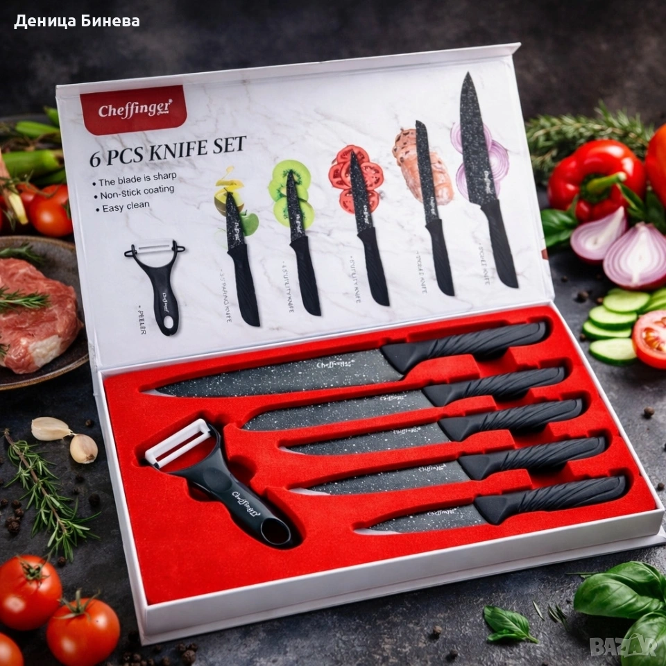 Комплект кухненски н о ж о в е Cheffinger – 6 части с мраморно покритие и магнитна кутия, снимка 1