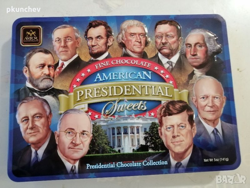 Метална кутия от шоколади с американски президенти, снимка 1