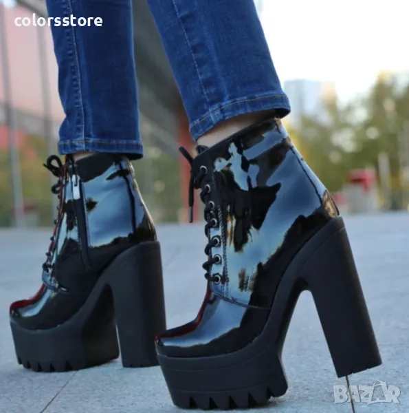 Боти на ток - черен лак с черно ходило - 591, снимка 1