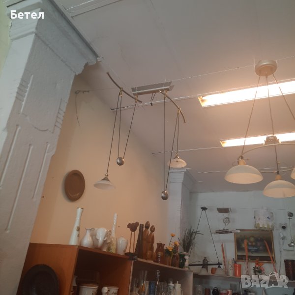 Полилей с  регулиращи тежести,месинг,2 бр. LED матстъкло конуси, снимка 1