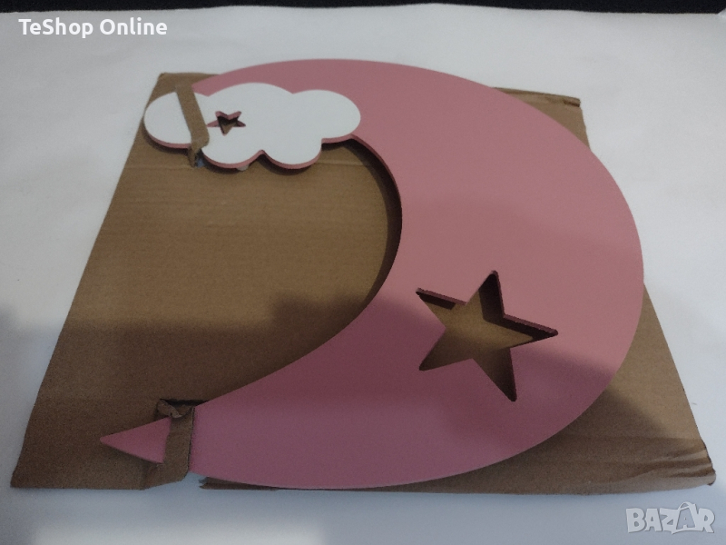 Нощна лампа детска Kazo на батерии, изработена от дърво полумесец розова, снимка 1