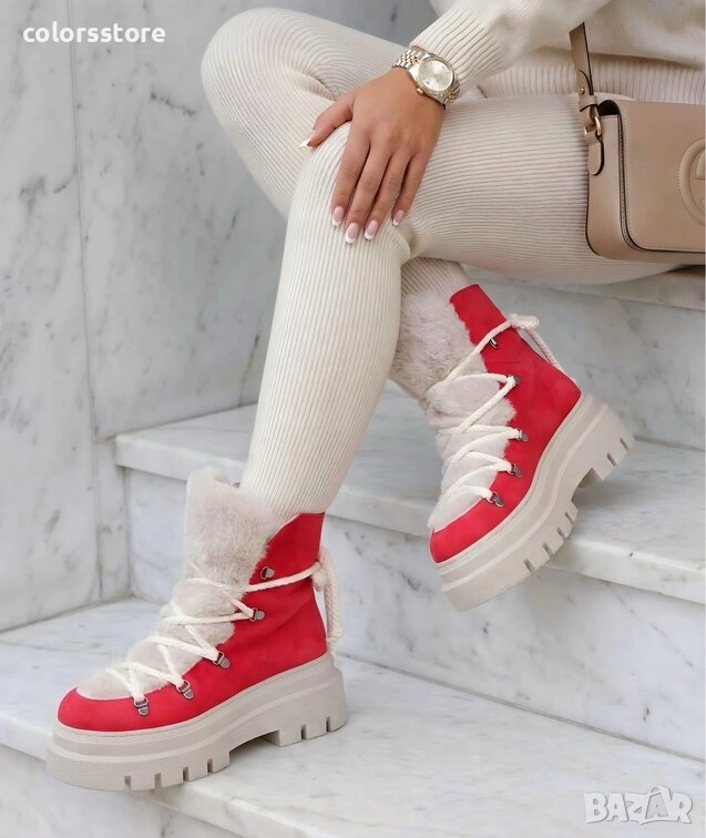 Боти на платформа - червено и бежово велур - BPUH1 , снимка 1
