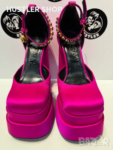 VERSACE Purple Satin Medusa Block Heel Pumps. Номер 37, снимка 3 - Дамски обувки на ток - 49638004