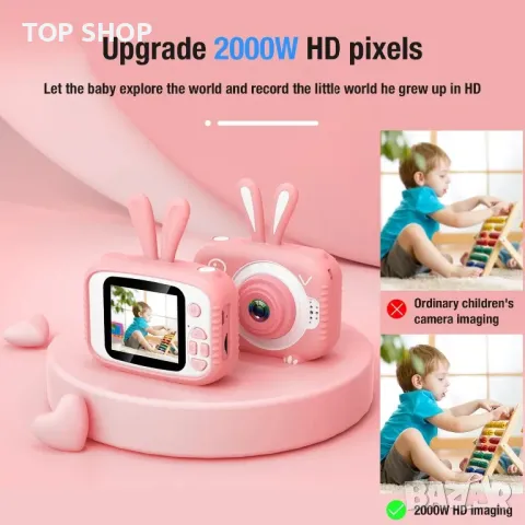 Преносим детски цифров фотоапарат/камера Bunny HD 8MP  2” IPS екран/32 GB SD карта, розов, снимка 3 - Детски - 49308693